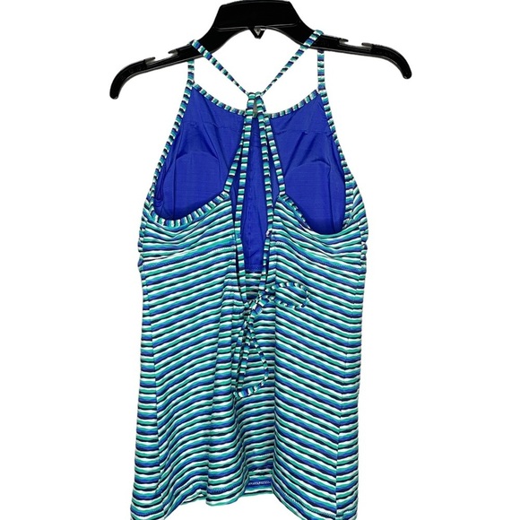 Athleta Striped High Neck Tankini Swim Top Strappy Crisscross Back Active Blue - Picture 4 of 6